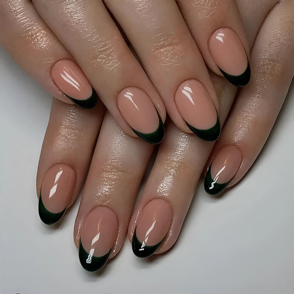 Black French manicure false nails set with 24 short almond shaped pieces in J049 colour