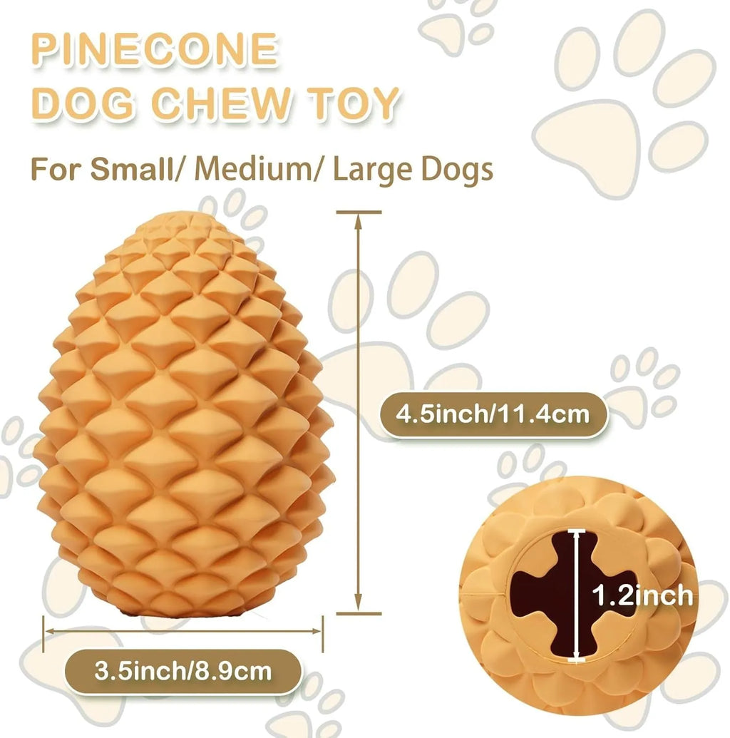 Yellow pine cone shaped tough rubber dog toy with treat dispenser for large dogs.