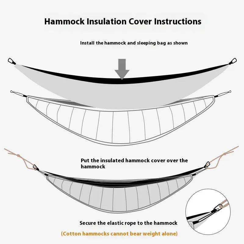 Army green camping hammock with sleeping bag measuring 238cm by 130cm, showing compression bag and fixed clips