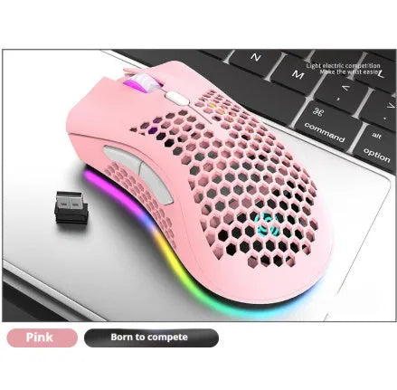 Hollow-out luminous wireless gaming mouse with charging in black, cyan, and white colours
