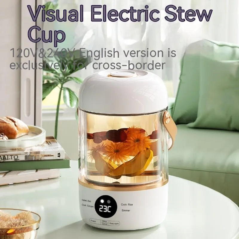 Personal smart electric stew cooker with a transparent Gaopeng glass pot on a fibreglass body.