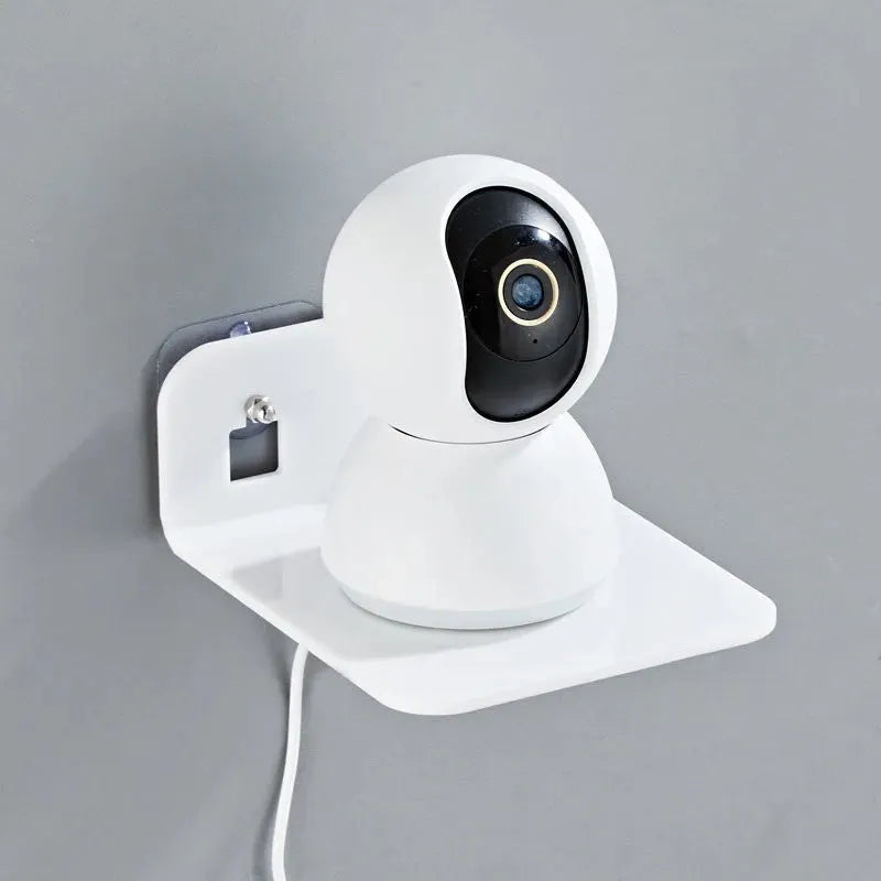 Acrylic right angle camera shelving bracket in black, 13.5x11.5x5.5cm, for no-drill wall mount