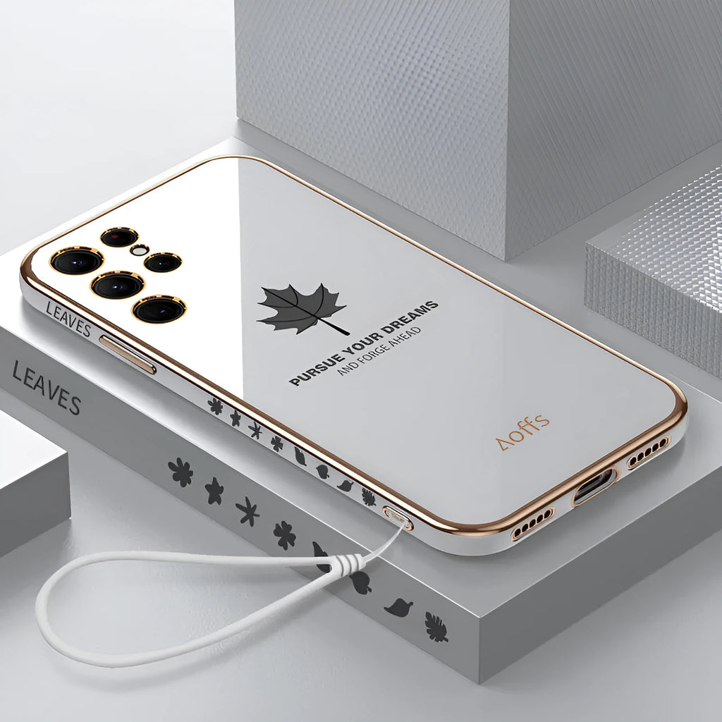 Straight edge electroplating maple leaf phone case for Samsung in black, TPU shockproof shell