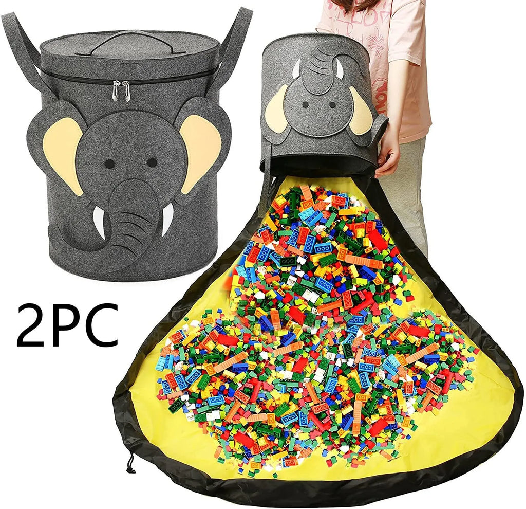 Green felt storage bag with pull rope that converts to toy play mat