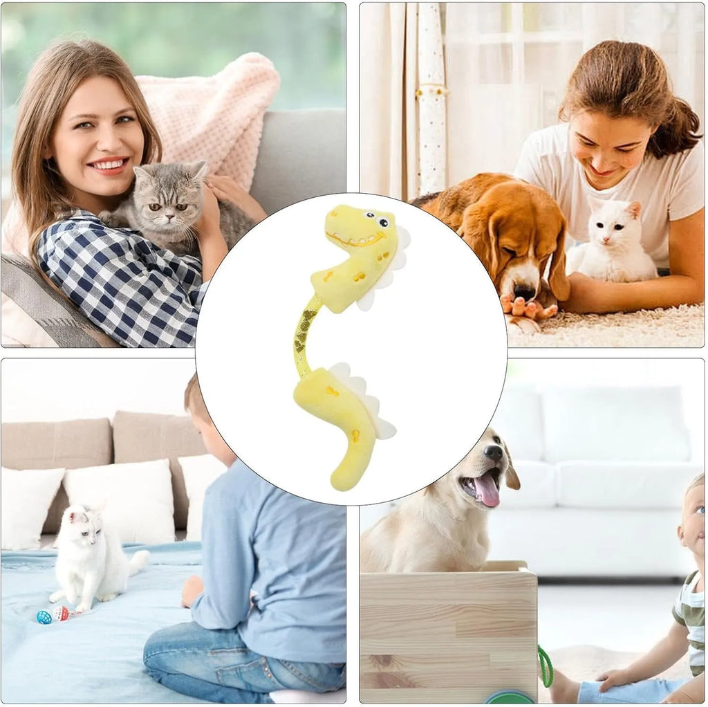 Four cat chew toys including plush mouse, fish, bunny, and chew toy in pink, purple, and yellow colours