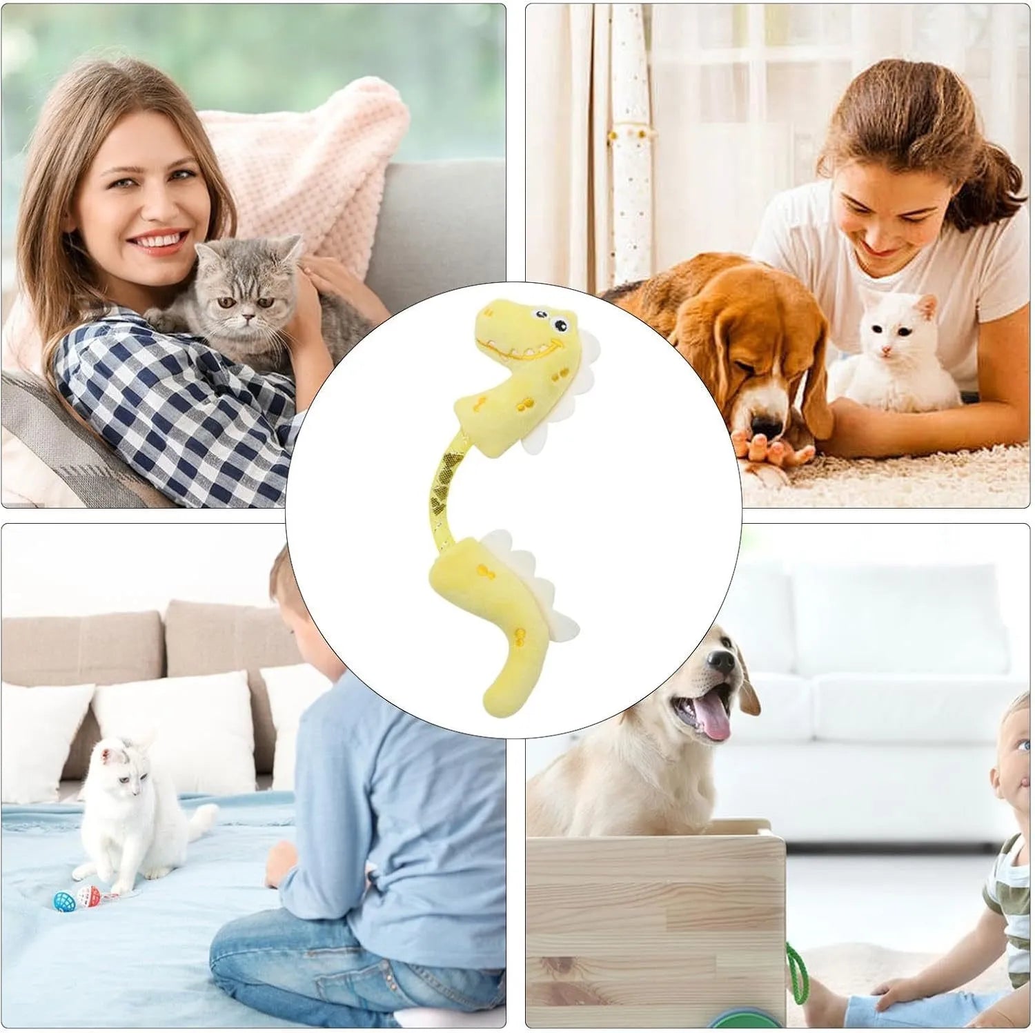 Four cat chew toys including plush mouse, fish, bunny, and chew toy in pink, purple, and yellow colours