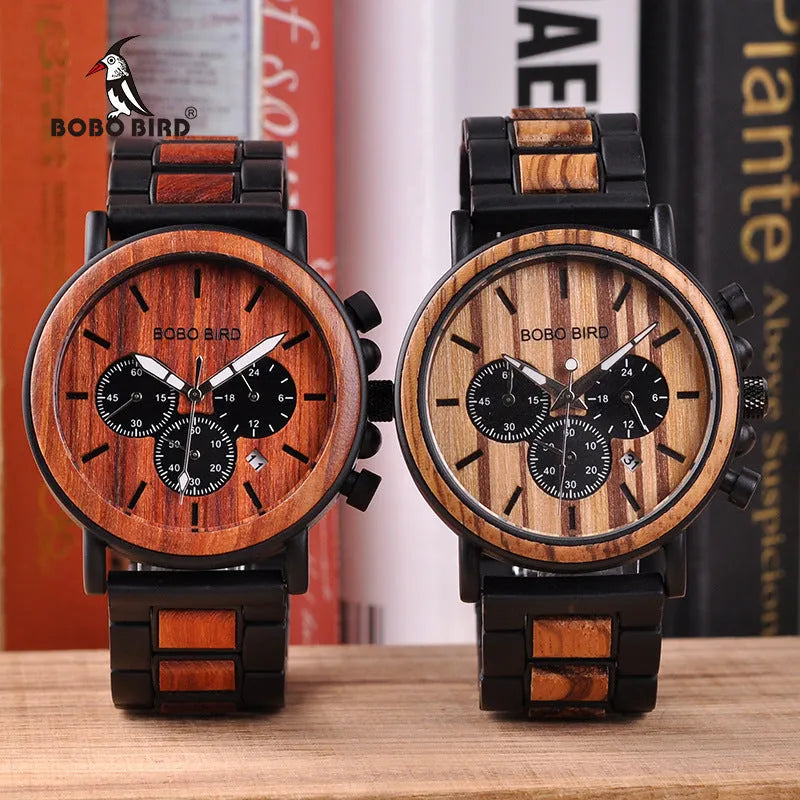 BOBO BIRD Q09 wooden men's watch with 44mm natural wood case and Hardlex mirror, casual military chronograph style.