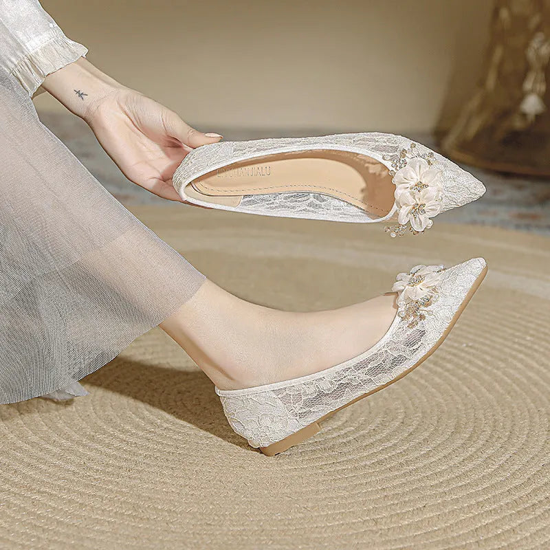 Apricot flat heel wedding shoes with lace and rhinestone details, shallow mouth, low top, sizes 35 to 43