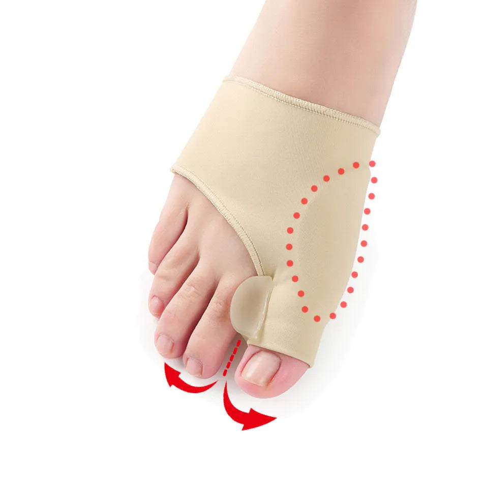 Corrective toe socks with a silicone gel bunion pad and toe separator on a grey background.