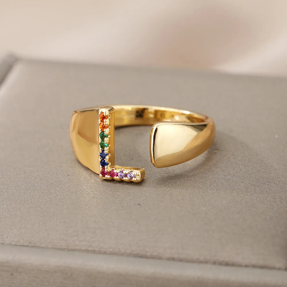 Adjustable copper open ring with coloured zirconium micro-set English letter design