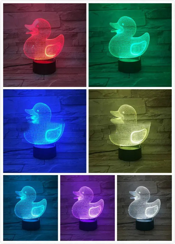 Little yellow duck 3D night light with acrylic panel and ABS base showing colour options