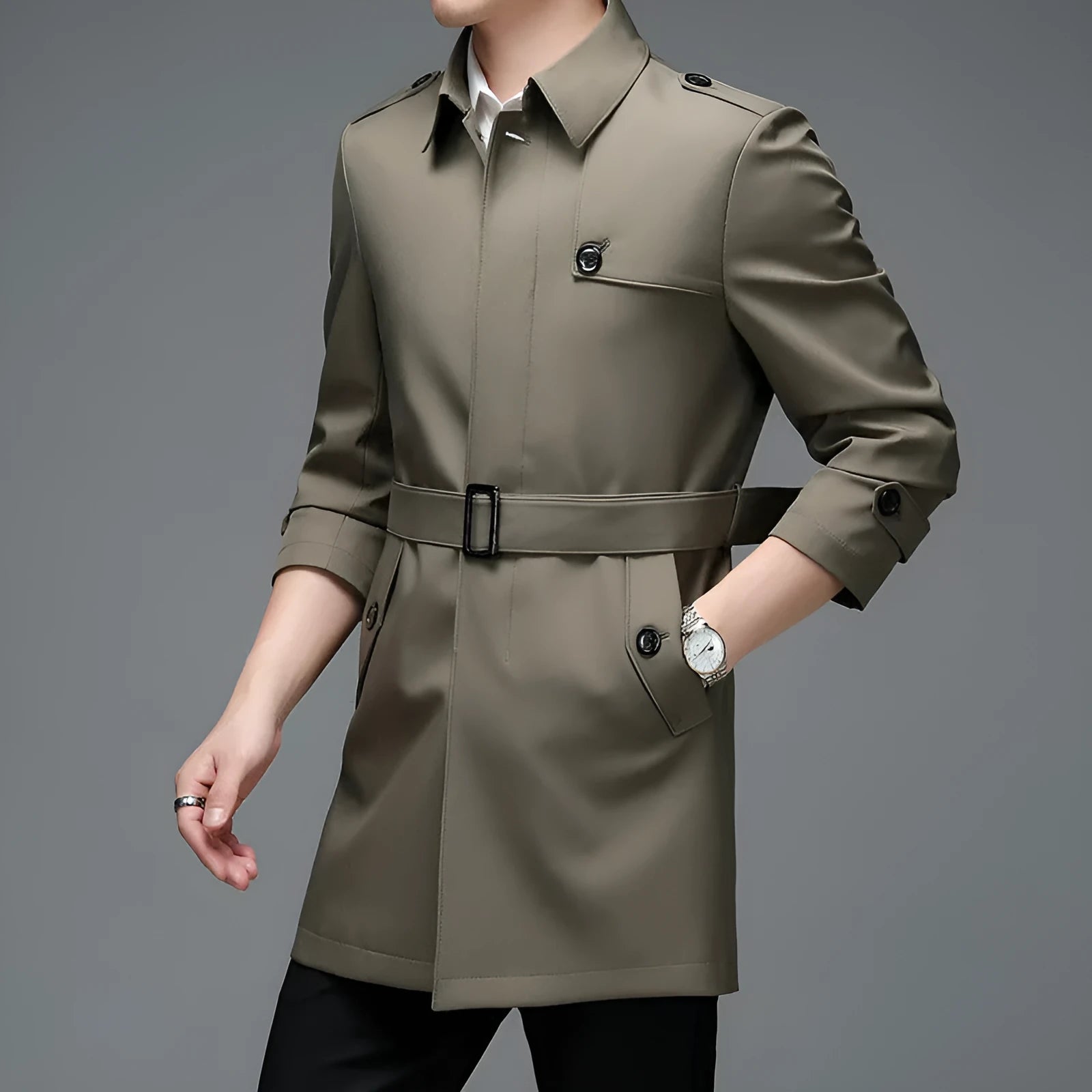 Men's mid-length lapel trench coat in black, 65cm length, chemical fibre blend fabric