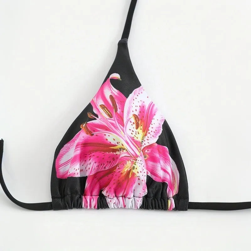 Women's three-piece bikini set with slim wrap skirt in black red flower print, sizes S to L