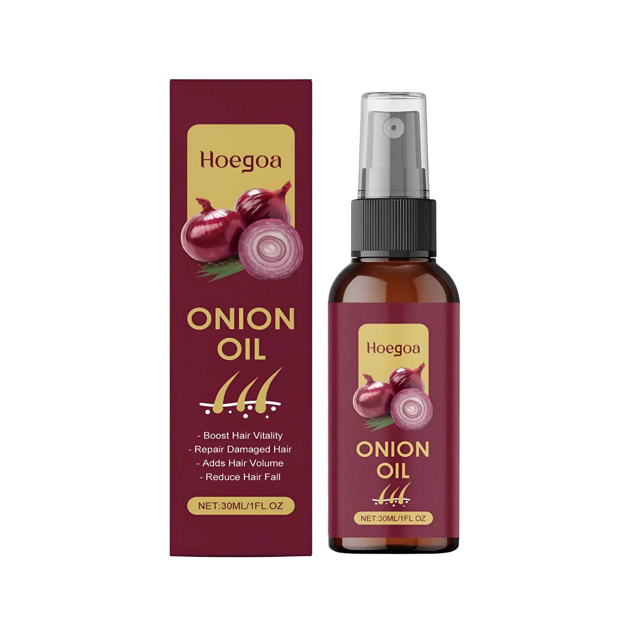 30ml bottle of onion hair care oil with ginger and rosemary on a white background