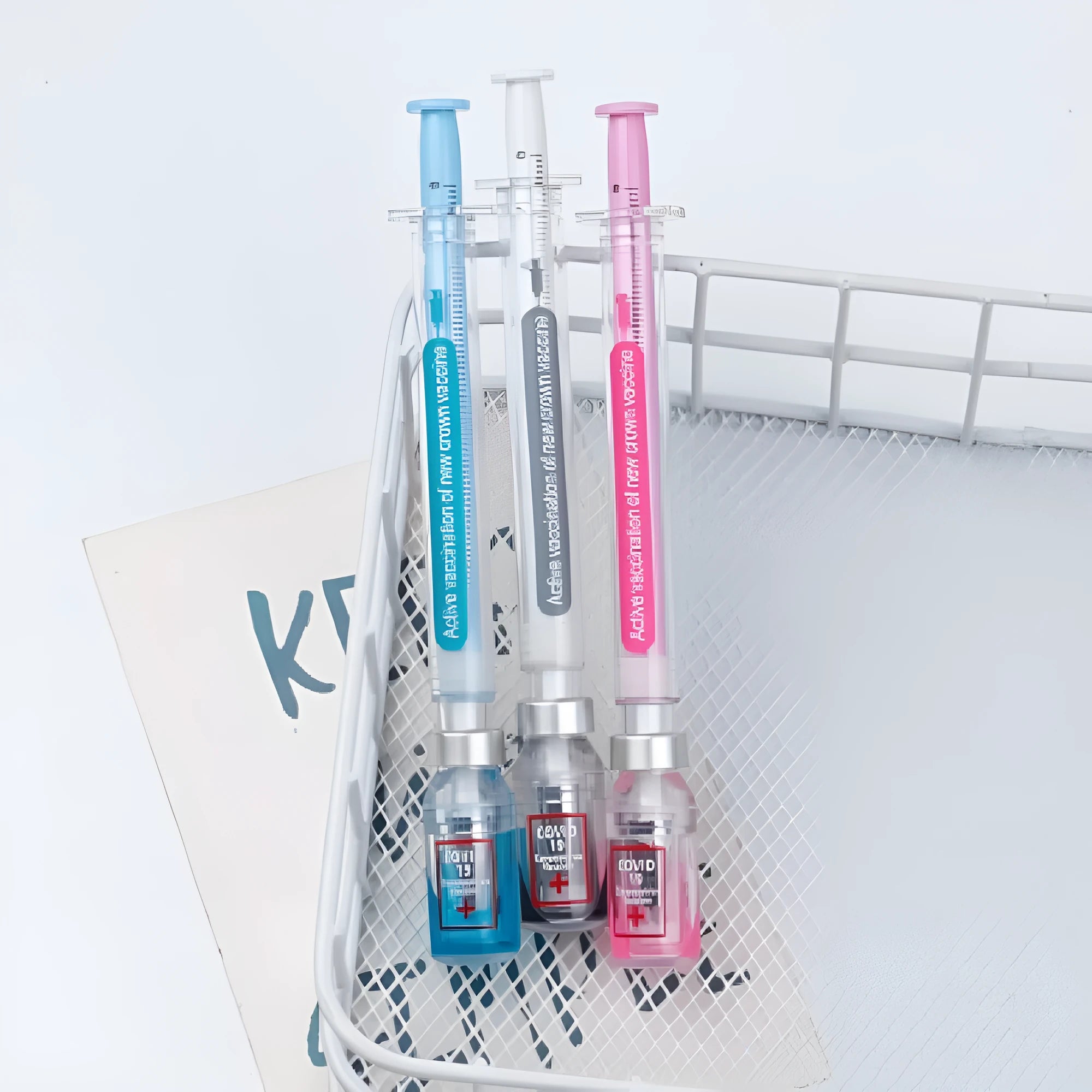 Vaccine design novelty gel pen with plastic construction and black 0.5mm refill