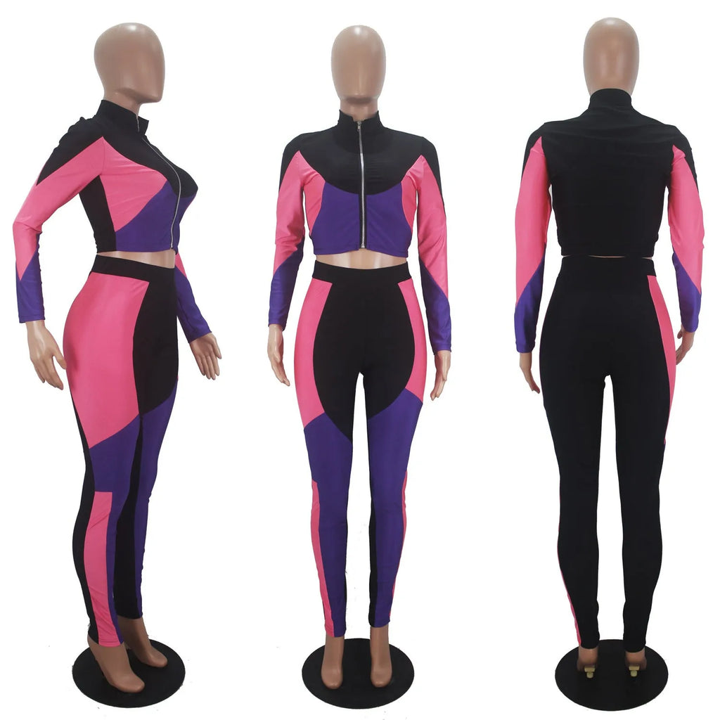 Women's solid colour sports two-piece suit with three-colour stitching, long sleeves, elastic satin fabric