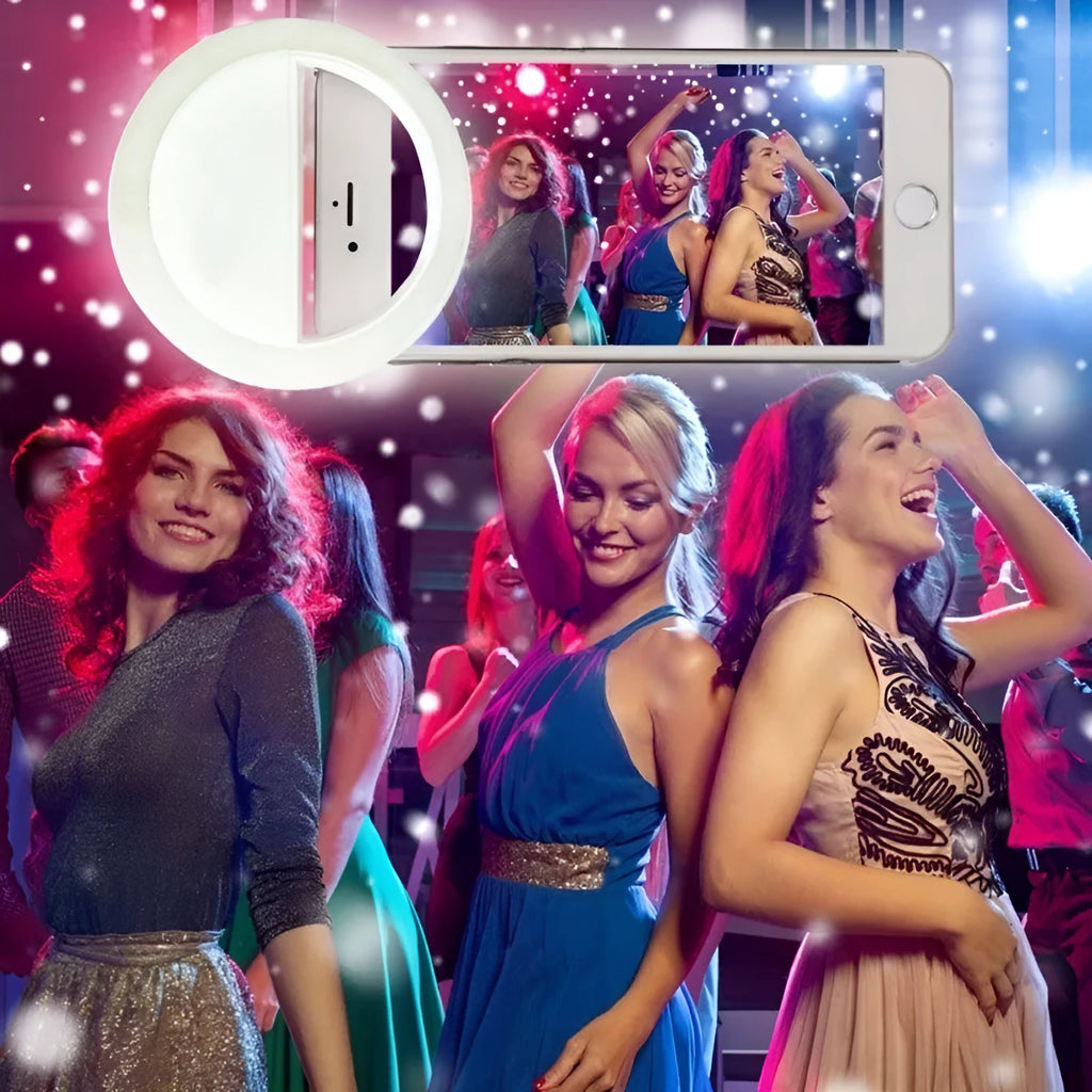 Clip-on selfie ring light with LED bulbs attached to mobile phone for photography