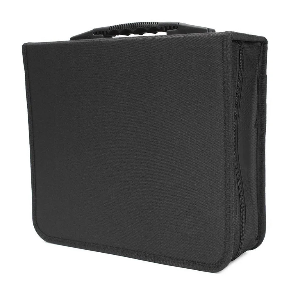 Black Oxford fabric CD DVD storage binder organiser with zipper and top carry strap.