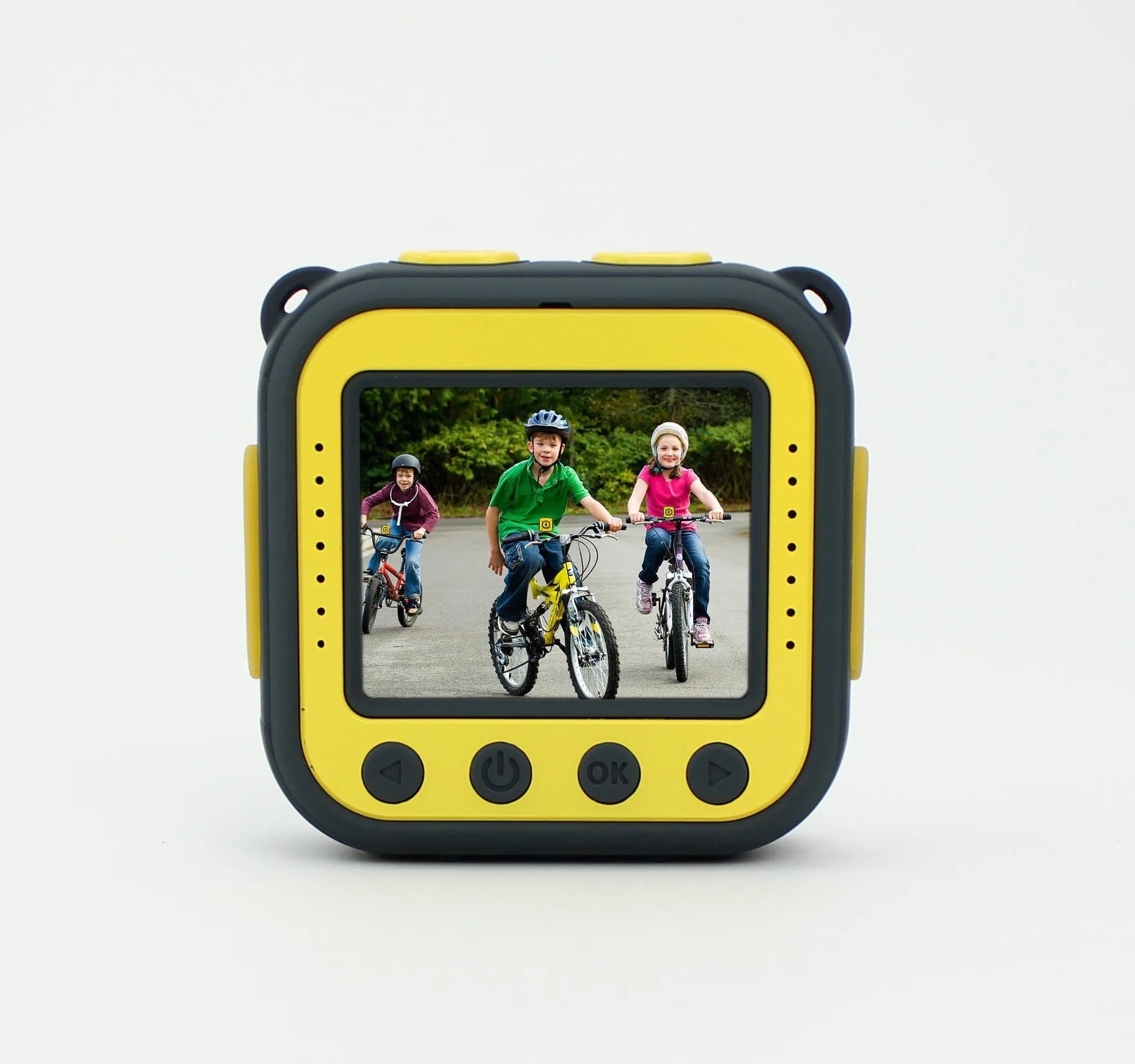 Yellow waterproof children's sports camera with 1.77-inch screen showing HD video recording capability