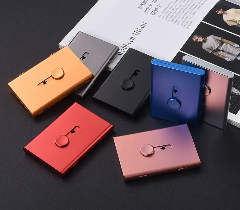 Hand push aluminium card case 93x65x12mm with six layers and RFID protection, shown in black