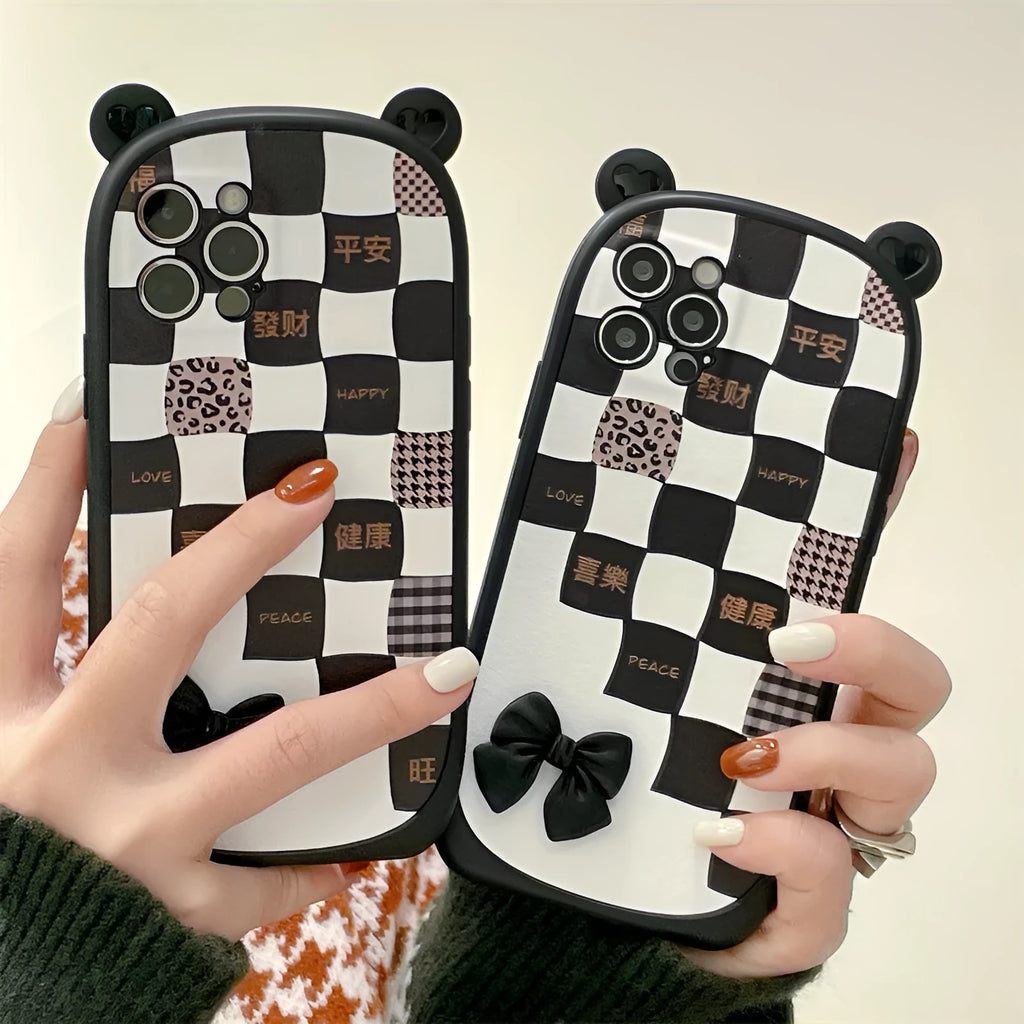 Black and white lattice bow silicone protective case for iPhone 13 12 11 XS XR