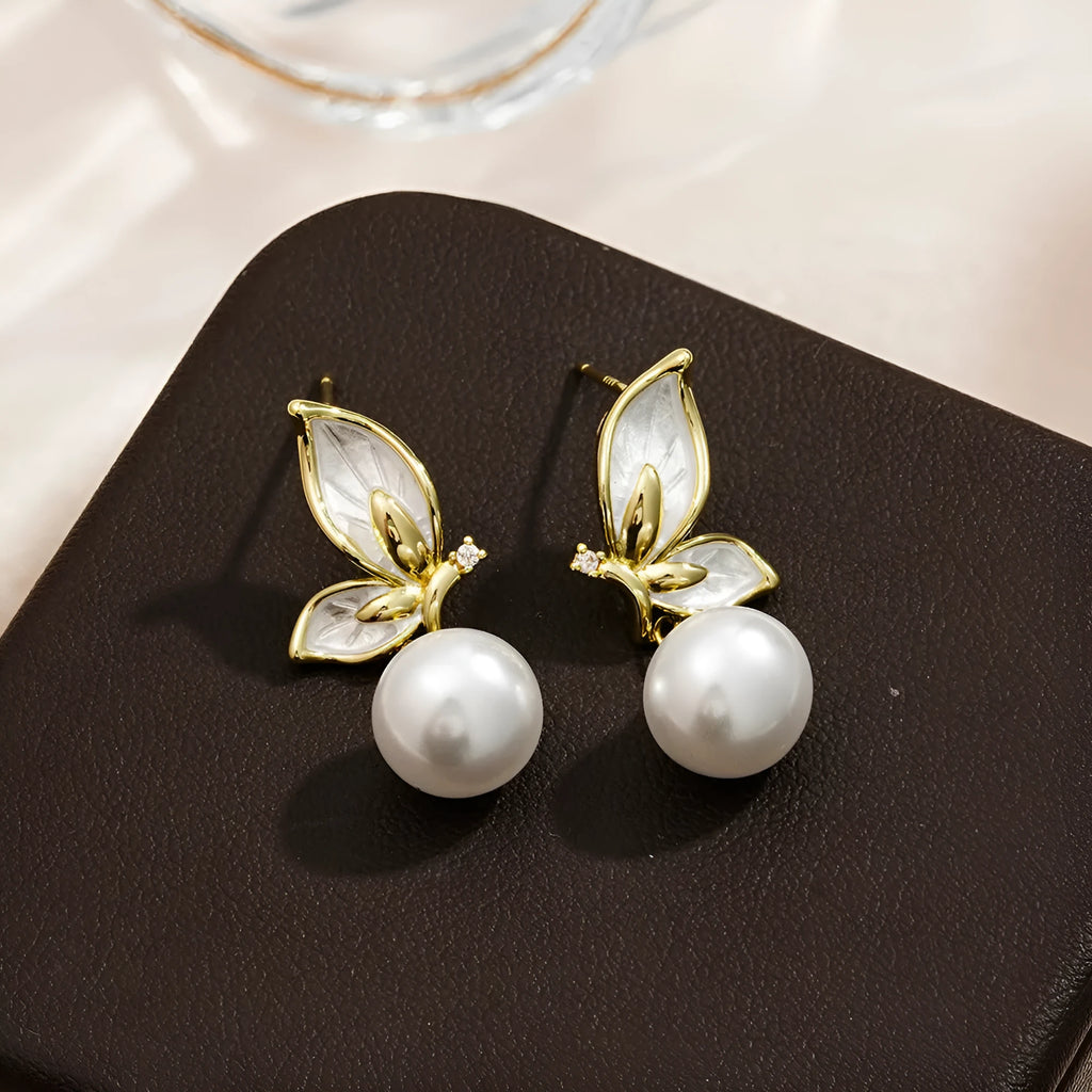Copper butterfly earrings for women with electroplated finish and zircon painting details