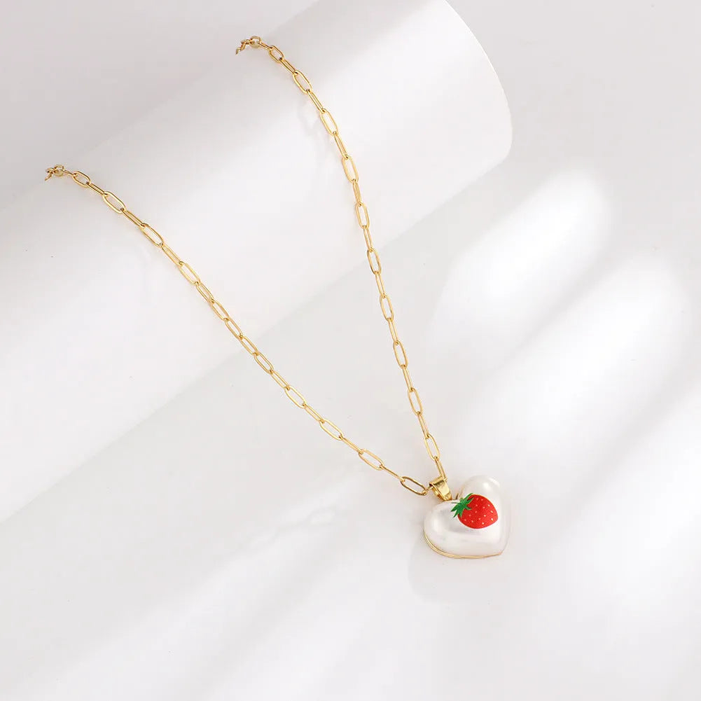 Geometric heart pendant necklace with fruit charm on adjustable 21-50cm chain