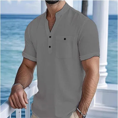 Men's linen blend stand collar t-shirt in loose pullover style available in multiple colours