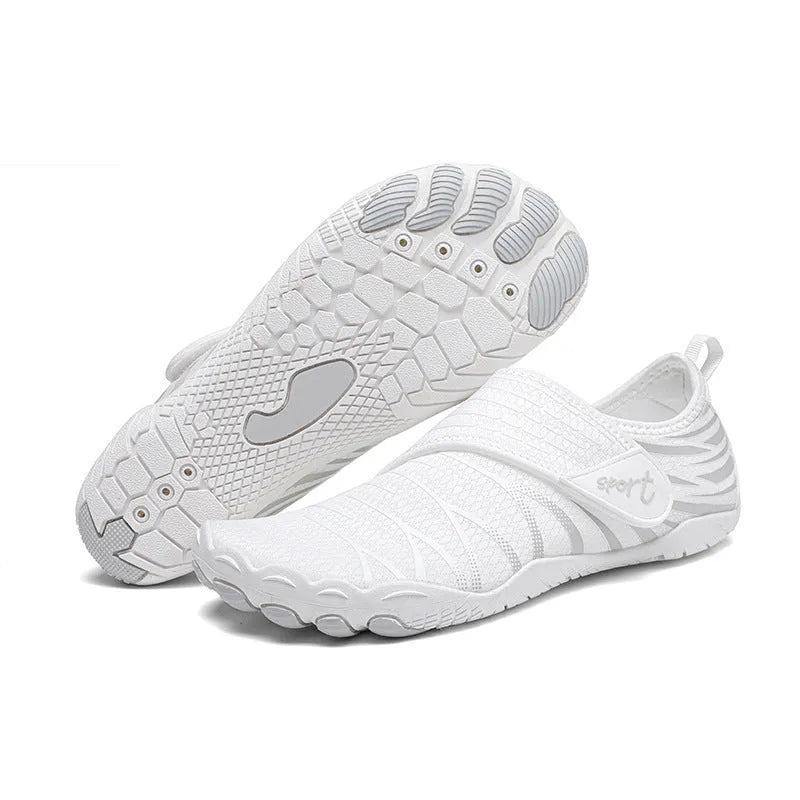 Pair of men and women outdoor wading shoes with mesh upper and rubber sole in black