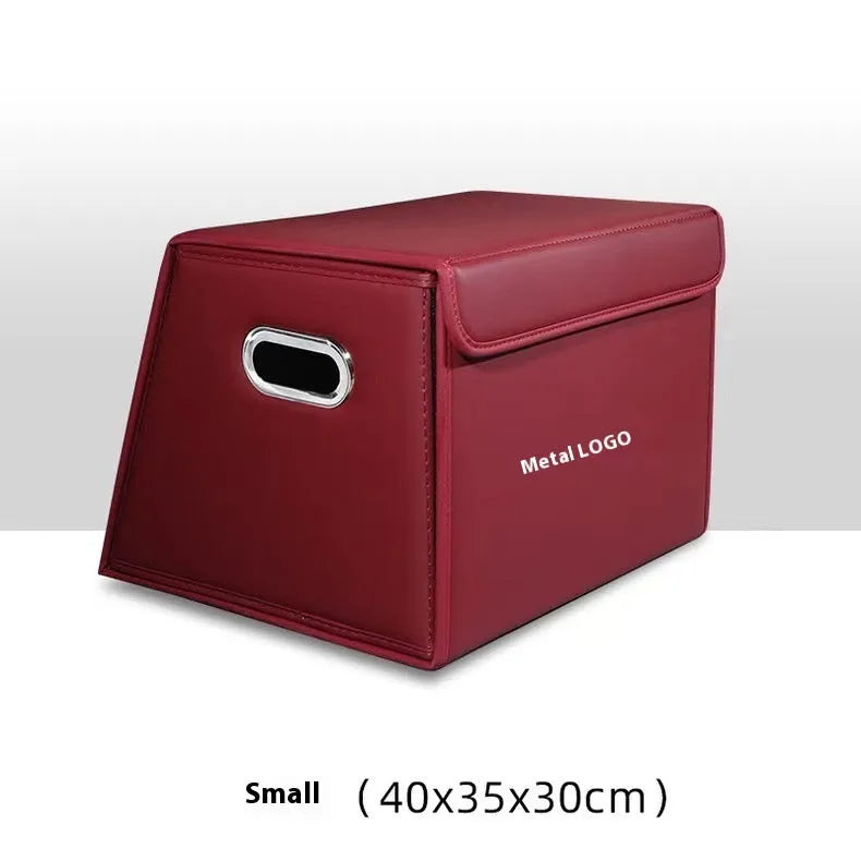 Folding car trunk storage organiser in waterproof leather, available in black, brown, and wine red colours with medium and small size options.