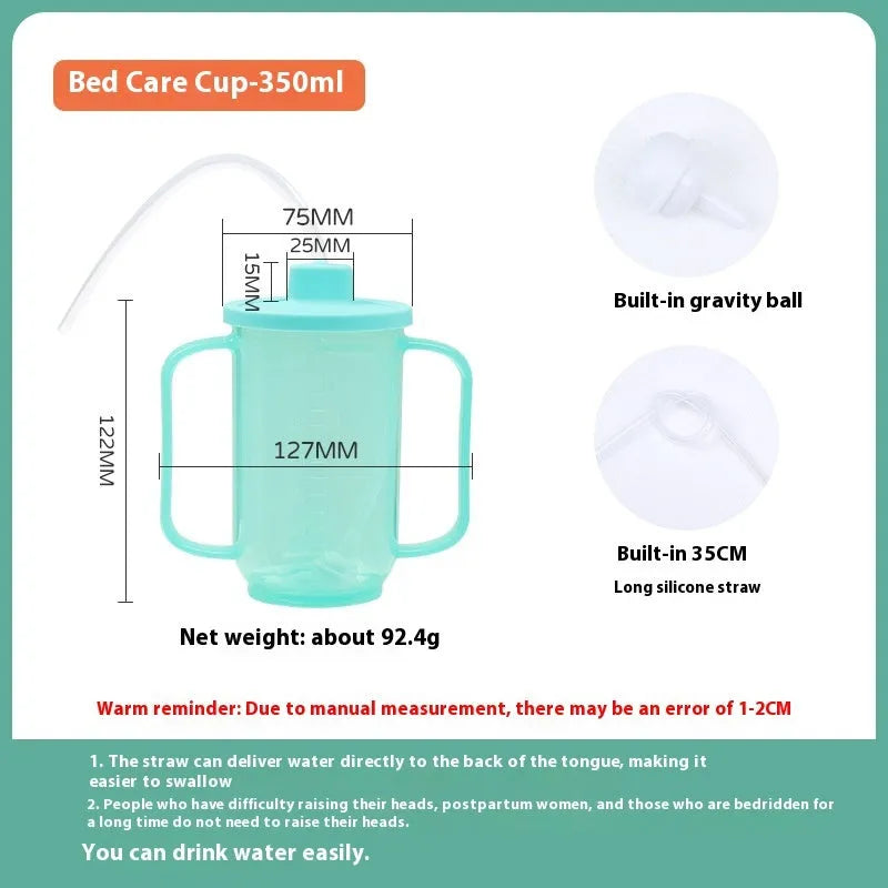 Oblique mouth choke-proof drinking cup for elderly and pregnant users in bed, with optional wrist splint handle.