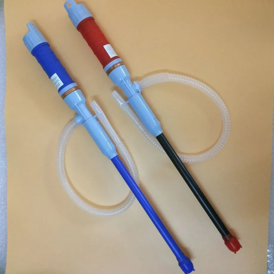 Manual hand-operated siphon pump for fuel and liquid transfer in blue or red colour