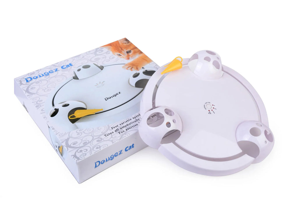 White electric cat turntable toy, 32cm diameter, with mouse-catching element on a flat floor