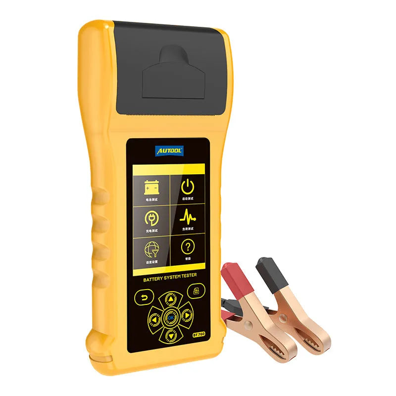 Autool BT760 vehicle battery tester with colour screen, thermal printer, and test clips on a workshop bench.
