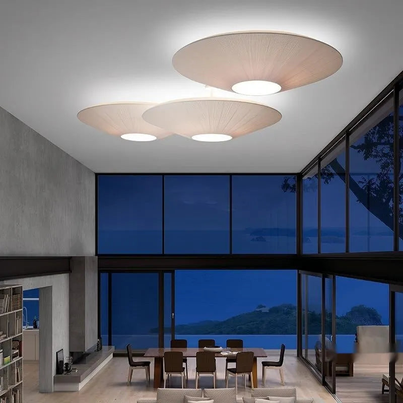 Minimalist ceiling lamp in white or beige, 50cm or 60cm diameter, alloy and fabric, warm light