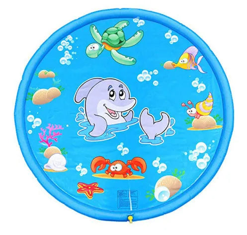 Blue PVC water spray play pad mat for children with marine animal design in garden setting.