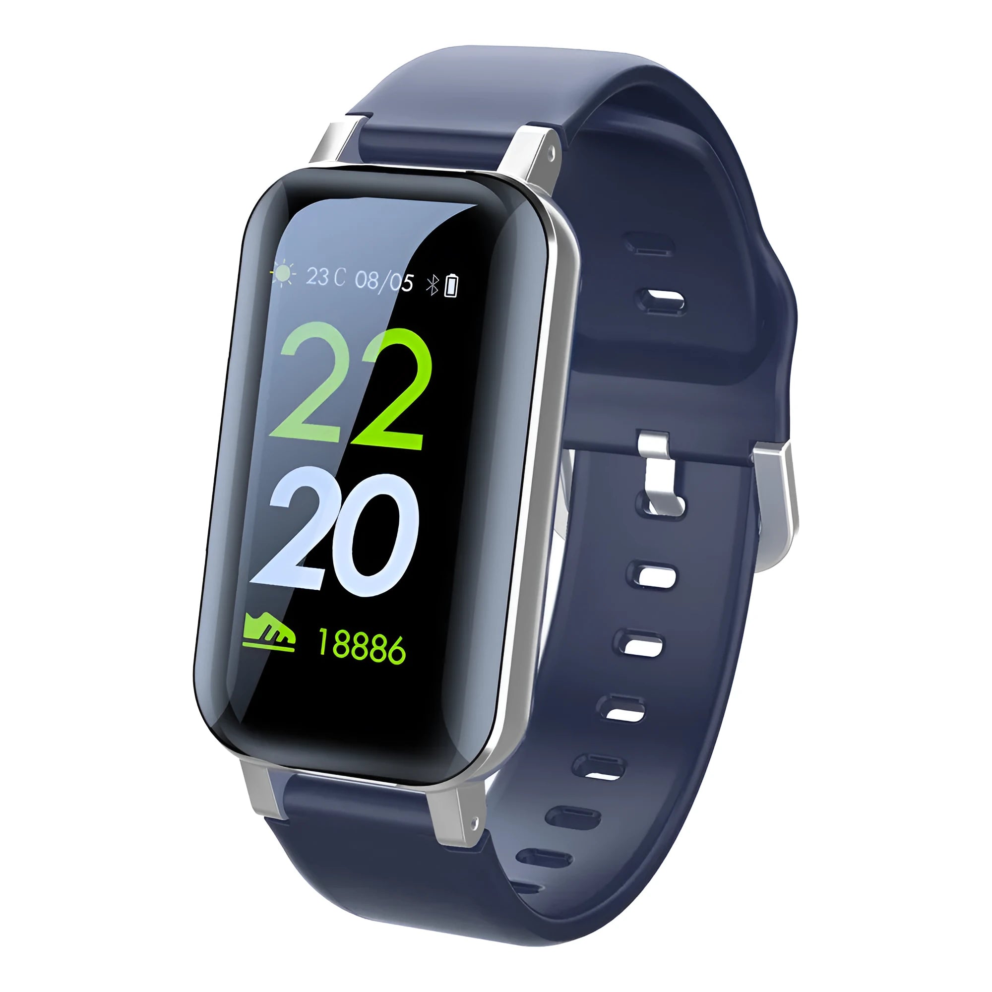 Call Bracelet smart fitness tracker on a wrist showing heart rate monitoring, available in black, blue, and coffee colours.