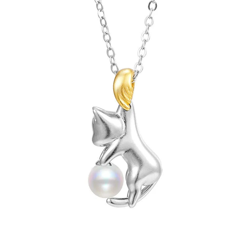 925 sterling silver clavicle chain with cat charm and electroplated finish in D3247 colour