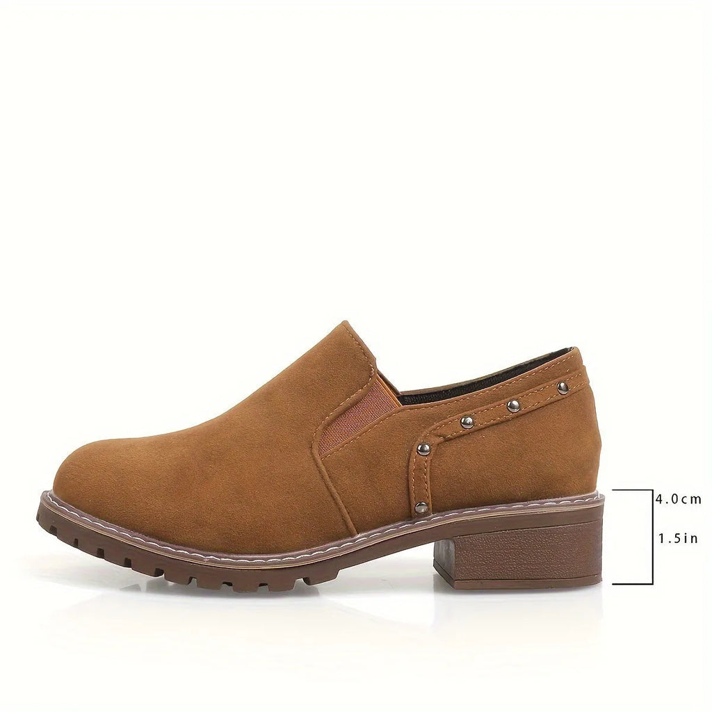 Plus size women's suede ankle boots with elastic band and chunky rubber sole in light brown