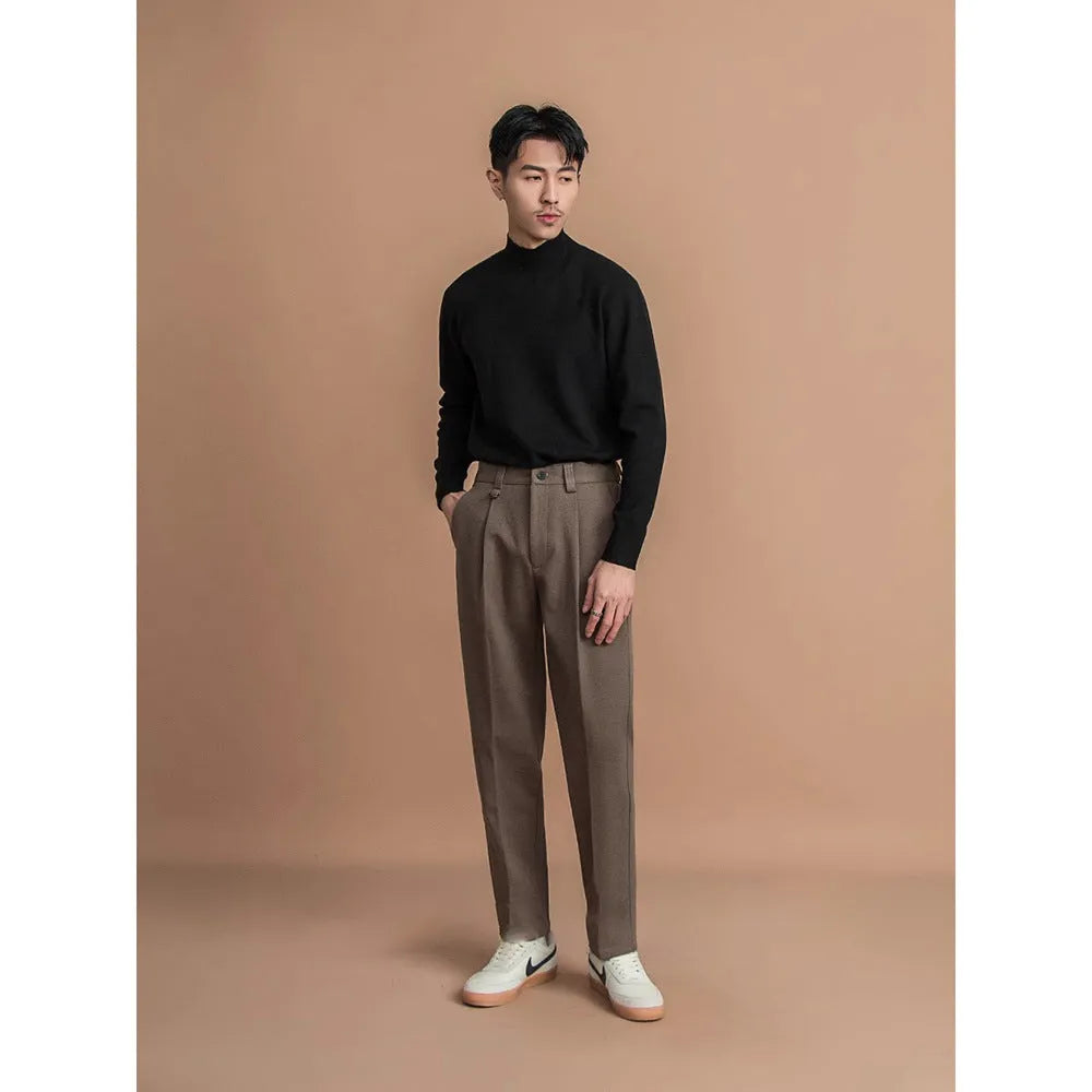 Men's straight-leg draped trousers in four colours: black, dark grey, khaki and brown