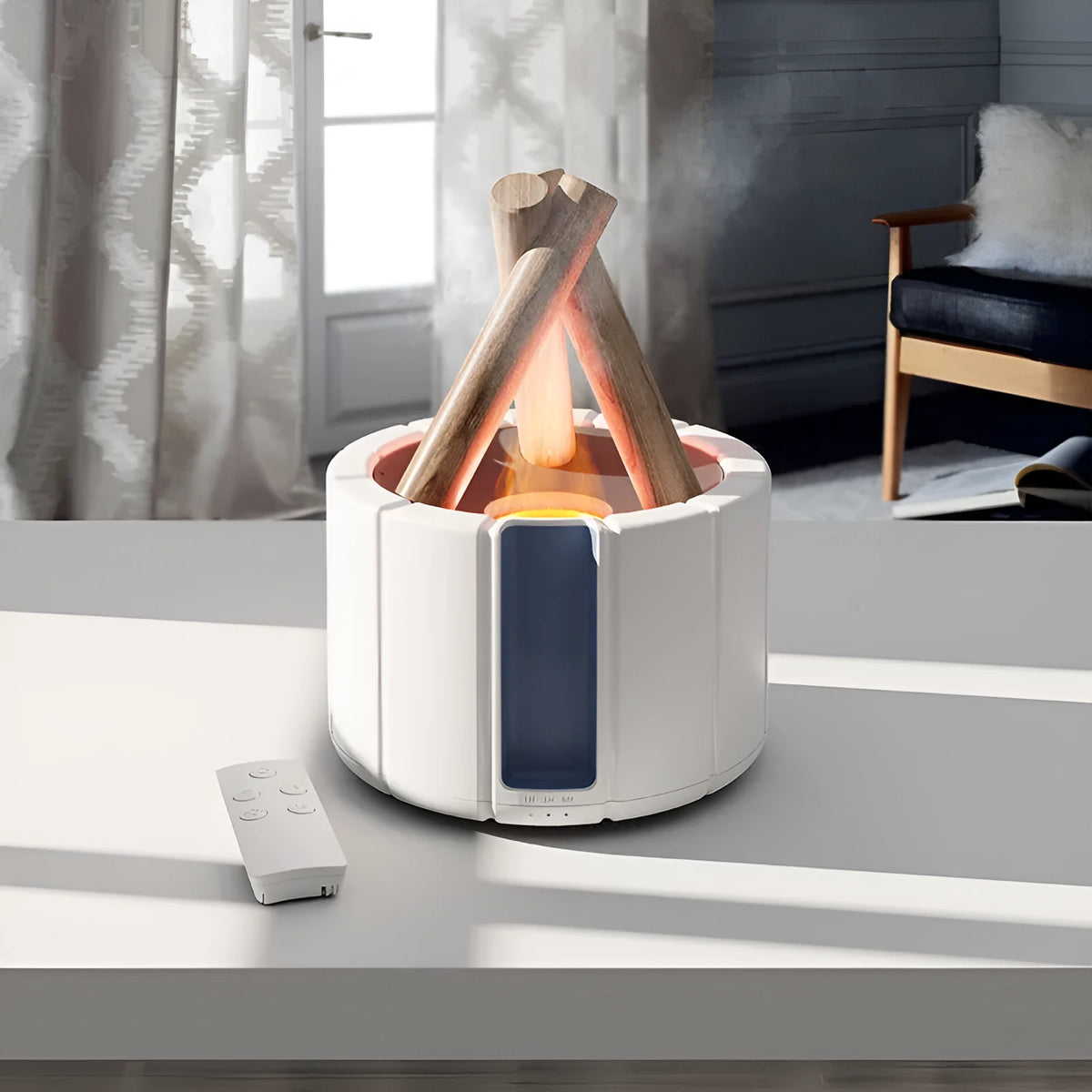 Simulated flame aromatherapy humidifier on a desk with USB cable and remote control