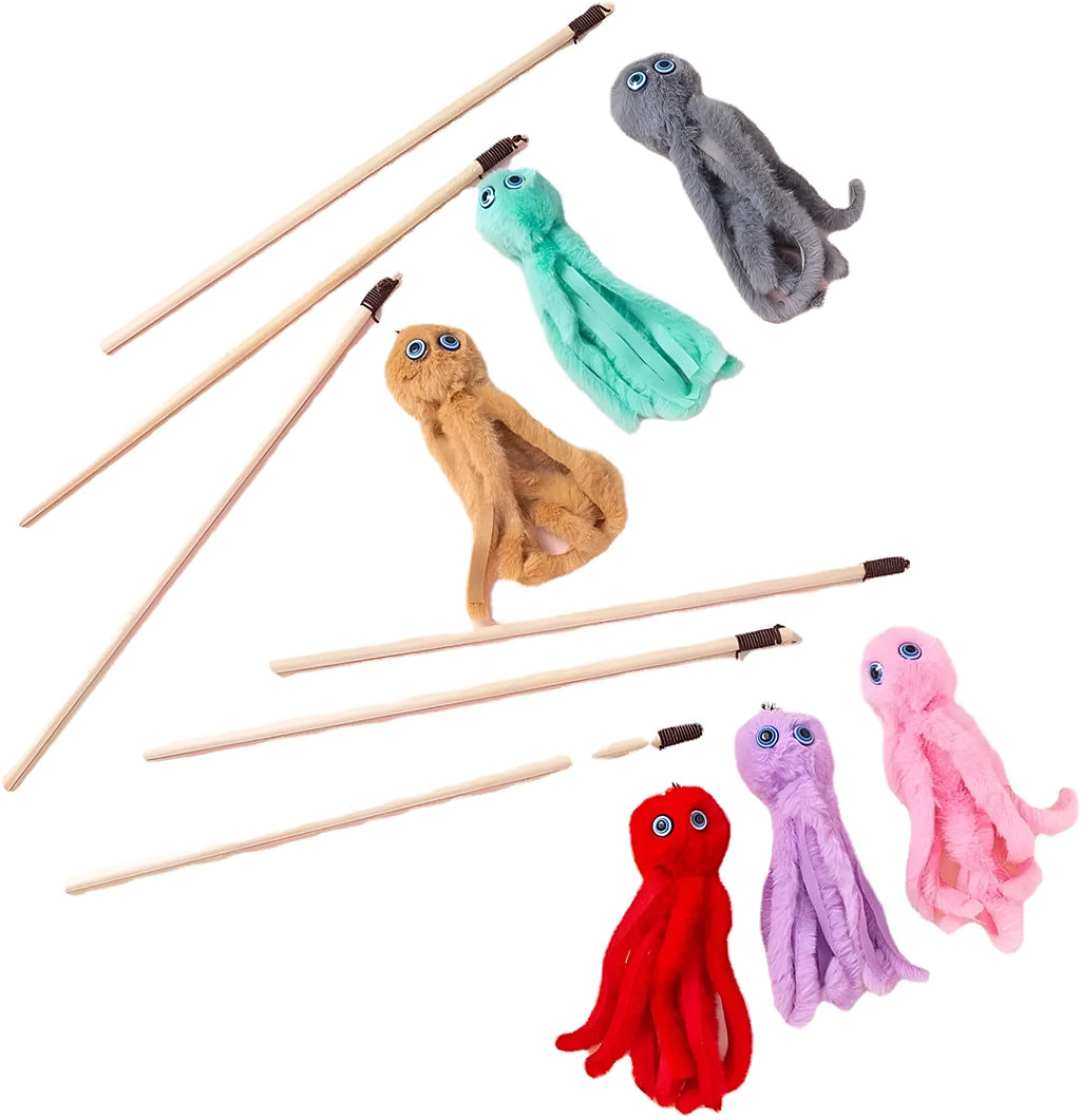 Colourful octopus cat toy with eyes on a long stick for interactive indoor play with kittens and cats