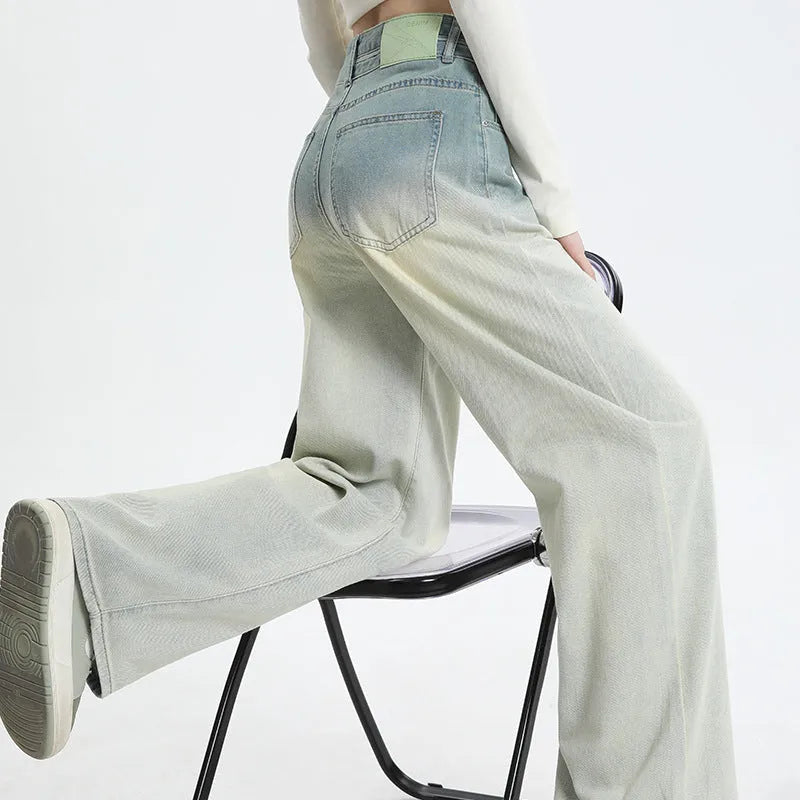 Women wearing HS 975 gradient blue straight-leg wide leg denim trousers.