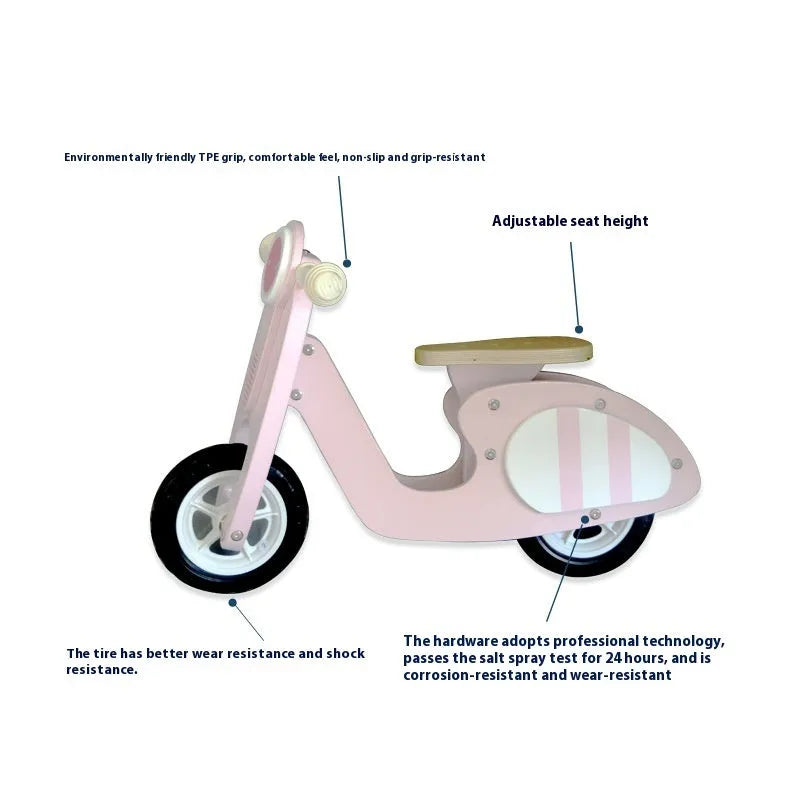 Pink wooden balance scooter for toddlers aged 1 to 6 years.