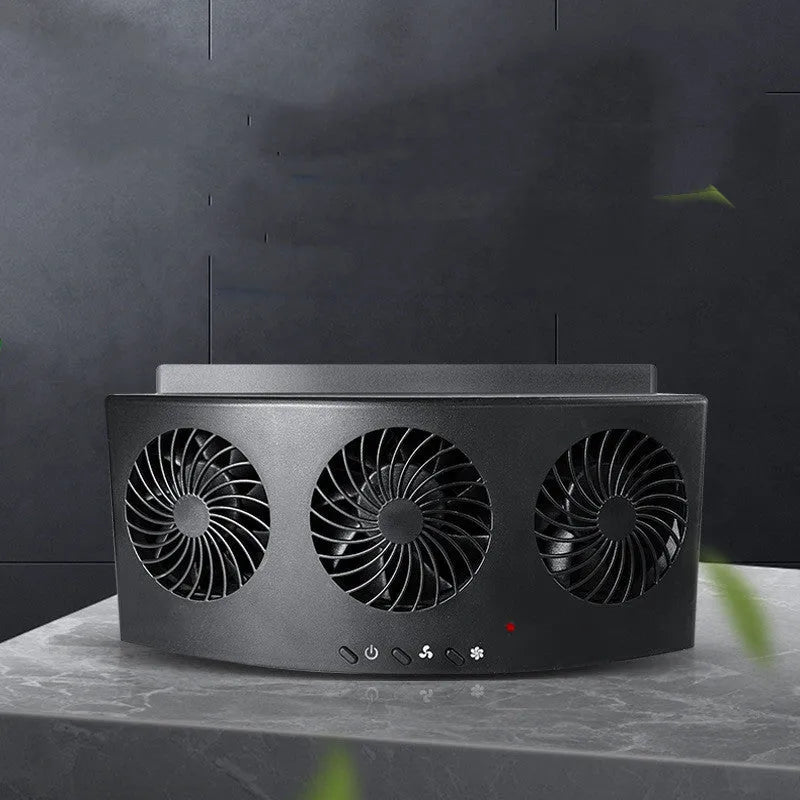 Black and white USB car ventilation fan for vehicle air circulation and odour removal