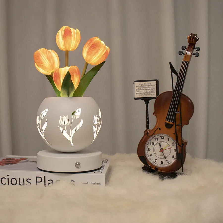 Tulip small night lamp LED projection decoration with iron hollow flowerpot and touch dimming