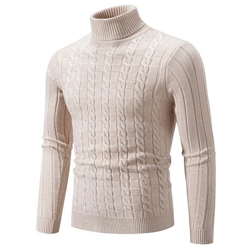 Man wearing a slim-fit beige chenille turtleneck pullover for casual leisure wear.