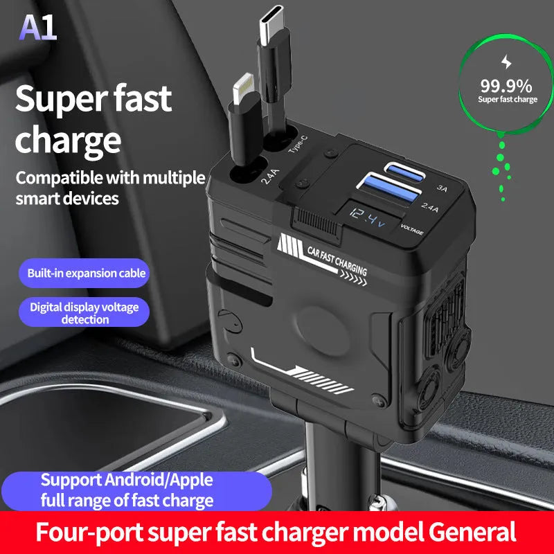 Car charger fast charging retractable four-in-one cigarette lighter with digital display in black