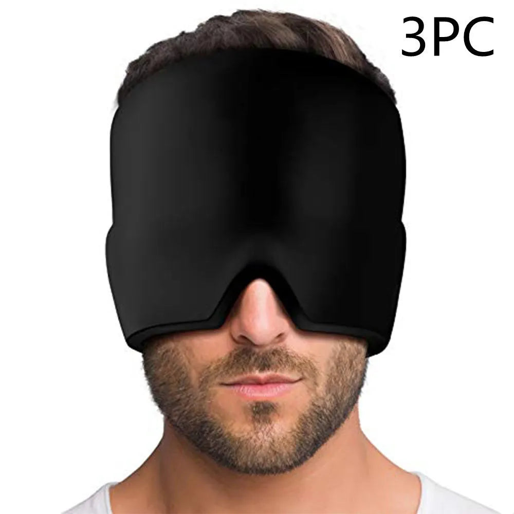 Black elastic ice gel headache relief eye mask shown on a mannequin head, adjustable for 42-66cm circumference.