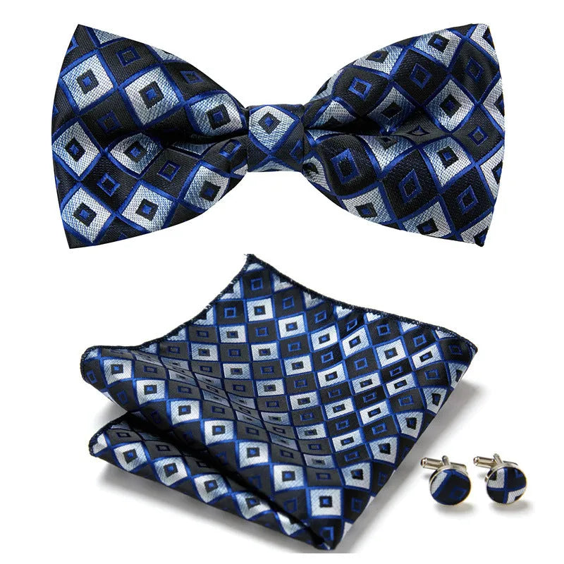 Floral Bow Tie Set of Three Pieces Polyester Yarn Hand-Sewn 12cm by 6cm Bow Tie with Matching Pocket Square 25x25cm and Cufflinks 1.5cm for Men's Formal Wedding and Party Accessories Multistyle Options